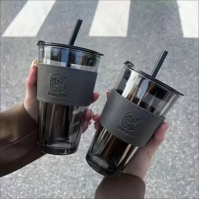 Premium Transparent Glass Tumbler with Straw & Protective Leather Slee