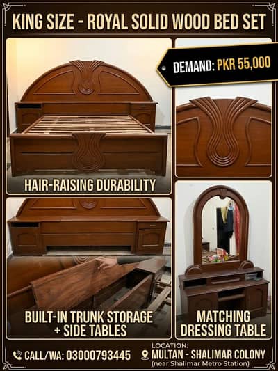 King Size Royal Solid Wood Bed Set with Storage & Dressing Table
