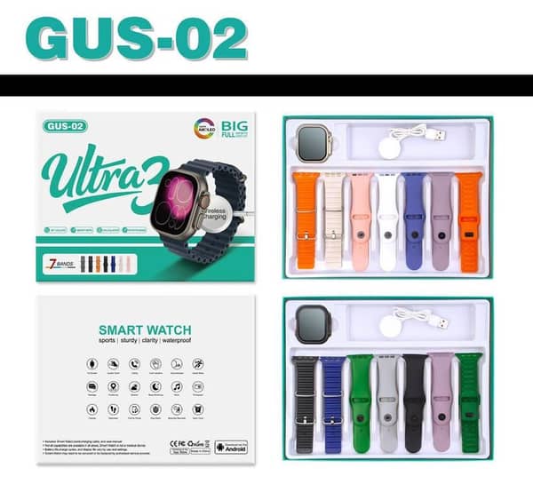 GUS-02 Smart Watch ULTRA 3 Original AMOLED Display - 7-in-1 Combo Pack with 7 Premium Straps | All-in-One Smartwatch for iOS & Android"