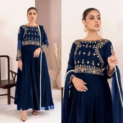 Blue embroidered maxi set with dupatta