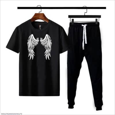 Men Black Angel Wings Printed 2Pcs Set Cotton Jersey