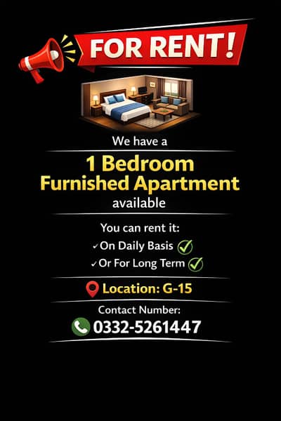 G15 Markaz studio 1 bed 2 bed fully finished flat available for rent daily weekly basic