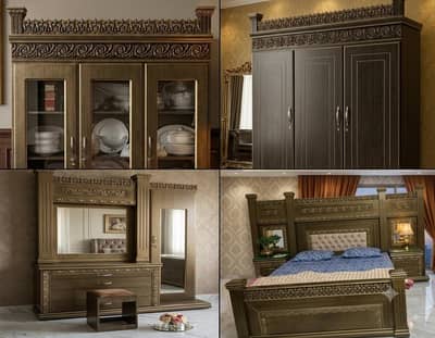 Luxury Bed Set with 2 Side Tables, 1 Dressing, 1 wardrobe, 1 Cupboard
