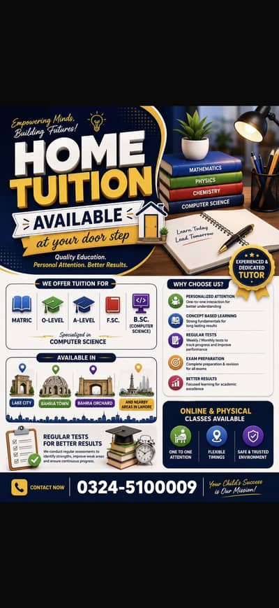 Home Tuition Available  Bahria Orchard| Matric, O/A Levels, FSc & BSCS