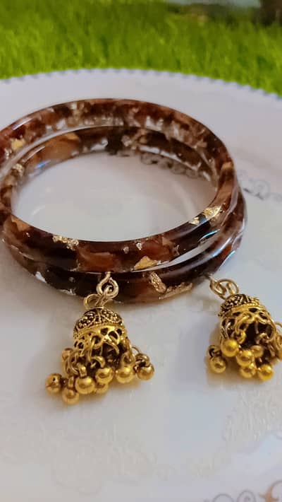 Handmade Resin Bangles with Antique Gold Jhumka Charms