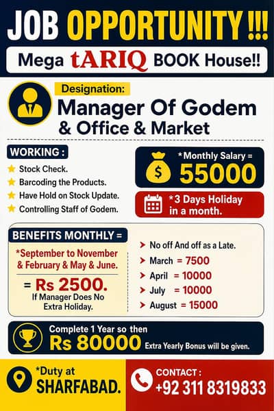 JOB OPPORTUNITY !!!.  TARIQ BOOK MART !!!.