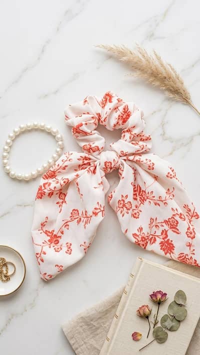 Elegant Floral Scarf Scrunchie & Pearl Bracelet Combo