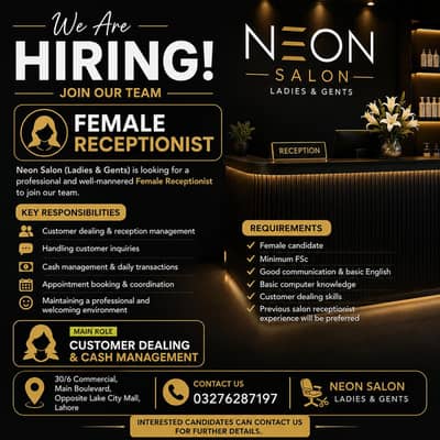We are Hiring Female Good Looking Receptionist For Salon