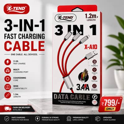 3-in-1 Fast Charging Data Cable | 3.4A | 1.2m | Brand New