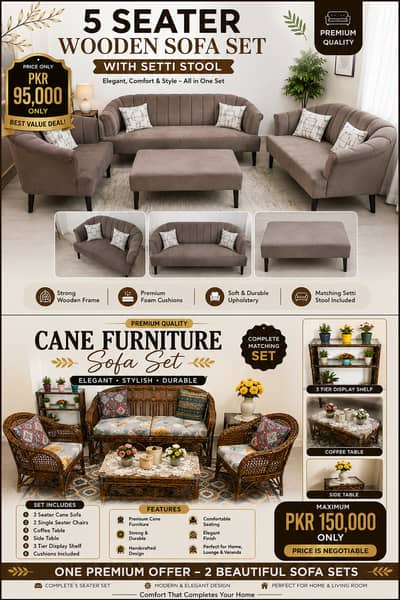 Premium Cane Furniture Sofa Set || 5 Seater Wooden Sofa Set with Setti