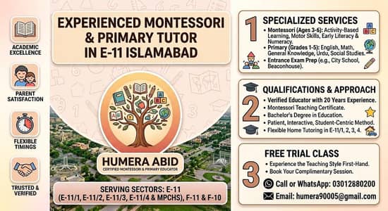 Experienced Montessori & Primary tutor in E-11 Islamabad
