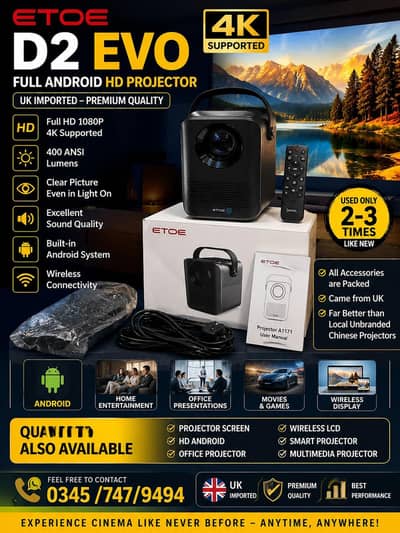ETOE D2 EVO 4K supported full android  HD , projector UK imported