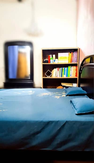 wooden double bed with diamond spring mattress and dressing table