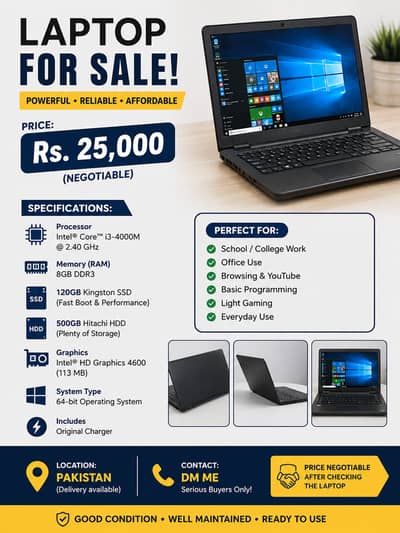  Laptop for Sale — Core i3 | 8GB RAM | 620GB Storage | Rs. 25,000 