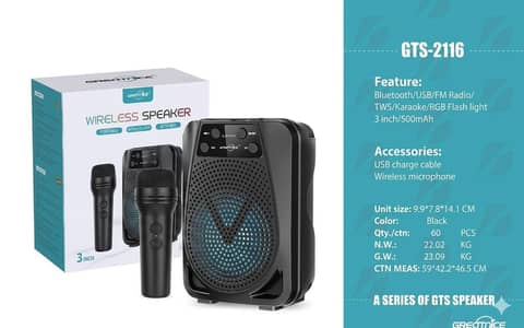 GTS-2116 Wireless Bluetooth Speaker with Wireless Mic – Brand New