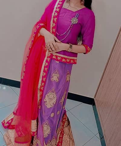 beautiful pink purple lenhenga choli 3 pieces party wear one time use