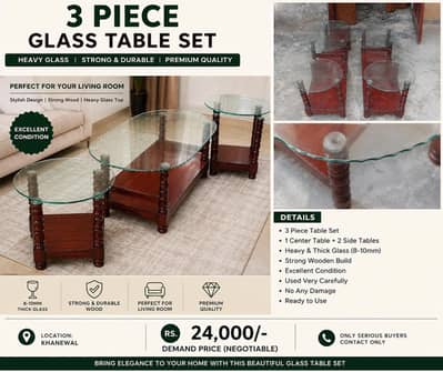 3 Piece Heavy Glass Table Set | 10mm Glass | Excellent Condition