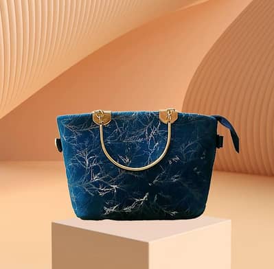 Girls Velvet Printed Handbag Blue