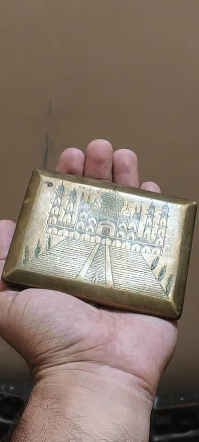 antique brass cigarette box engraved British India & map Taj