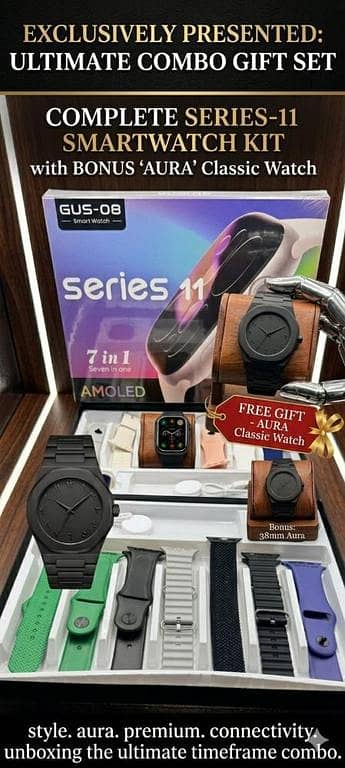 FREE Arabic Aura Watch Included | Series 11 Ultra Smart Watch Collection ⌚ Premium Luxury Smartwatch Combo with 11 Stylish Straps Bluetooth Calling, Fitness Tracking & Ultra HD Display  Wireless Charger + Luxury Gift Box Packing Included