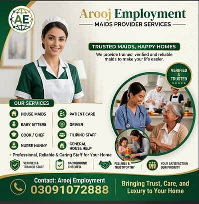 Maids / House Maids / cook / House chef / Baby Sitter maid available