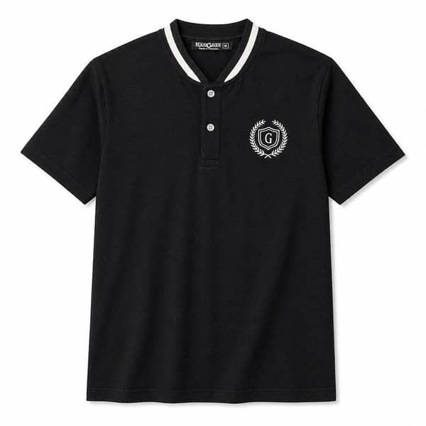 Men’s Signature Embroidered Contrast Neck Henley T-Shirt – Black