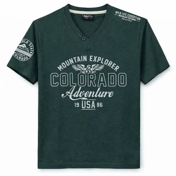 Men's Graphic Printed V Neck Tee Shirt - Jungle Green