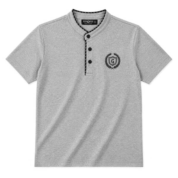 Men’s Signature Emb. Ban Collar Henley Tee Shirt – Light Gray
