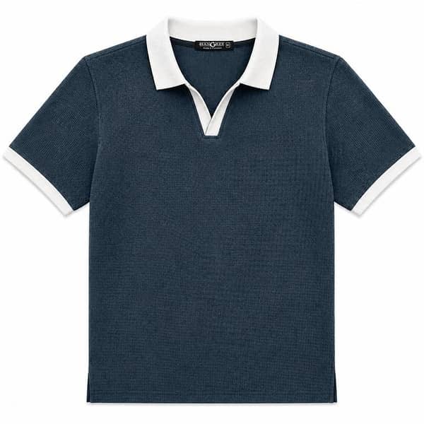 Men’s Classic Thermal Knit Contrast Collar Polo Shirt – Charcoal Blue
