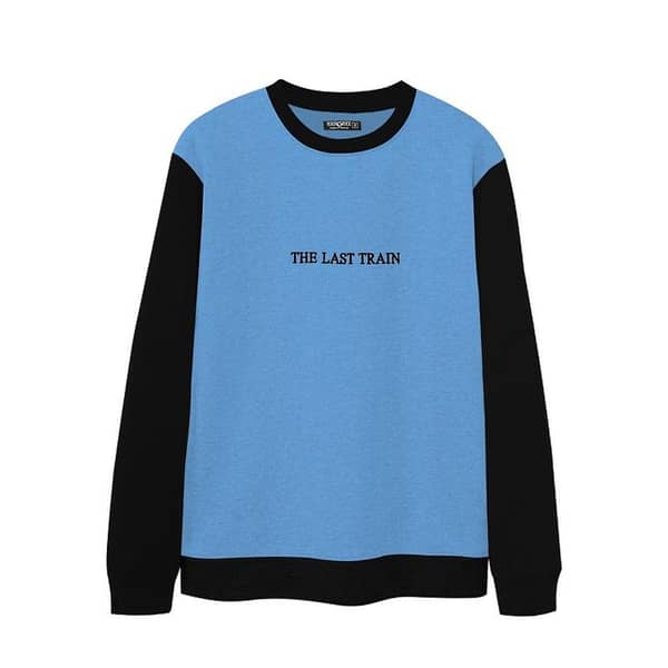 Contrast Sleeves Emb Fleece Sweat Shirt - Sky (Minor Fault)