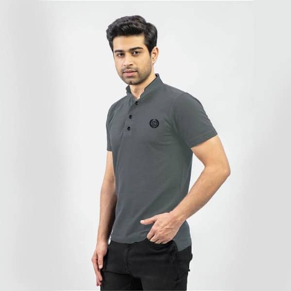 HG Stylish Ban Collar Polo Shirt For Men's - Dark Gray