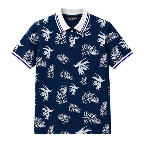 Men's Tropical Leaf Print Piqué Cotton Polo Shirt - Navy Blue