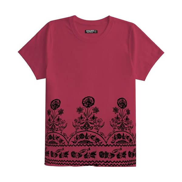 Women Floral Printed Tee Shirt - Burgundy