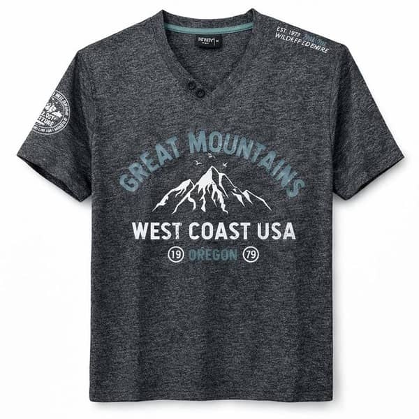 Men's Graphic Printed V Neck Tee Shirt - Charcoal Gray