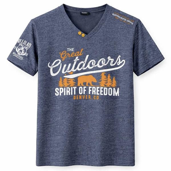 Men's Graphic Printed V Neck Tee Shirt - Charcoal Blue