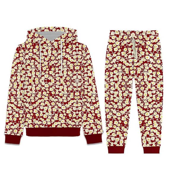 Girl's Allover Floral Printed Fleece Hoodie Twin Set - Red