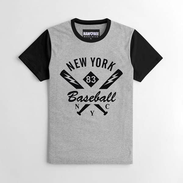Men Contrast Sleeves Baseball Printed Tee Shirt