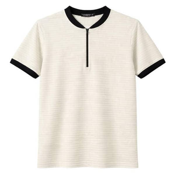 Men’s Crew Neck Striped Half-Zip Tee Shirt – Cream