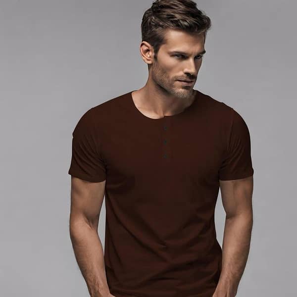 Exclusive Thermal Cotton Henley Tee Shirt - Brown