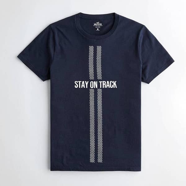 Round Neck "Stay On Track" Printed Navy Tee Shirt