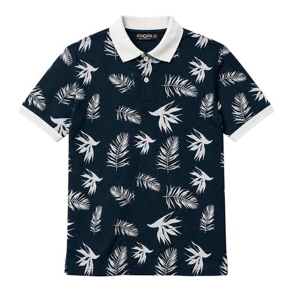 Men's Tropical Leaf Print Piqué Cotton Polo Shirt - Black Navy