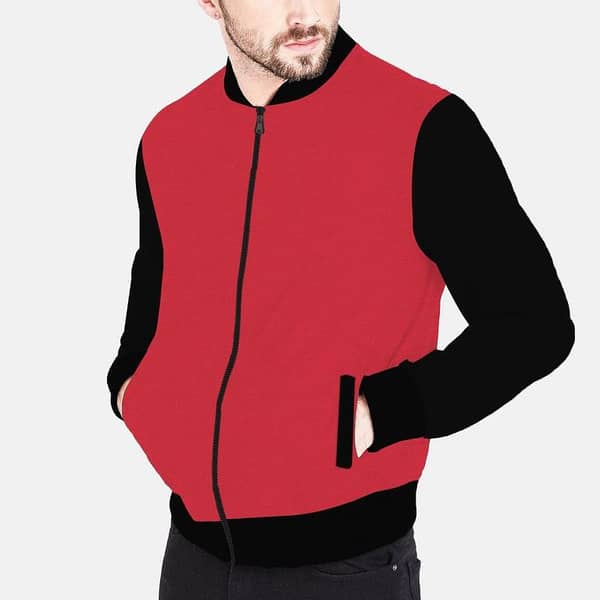 Contrast Sleeves Exclusive Fleece Bomber Jacket - Red