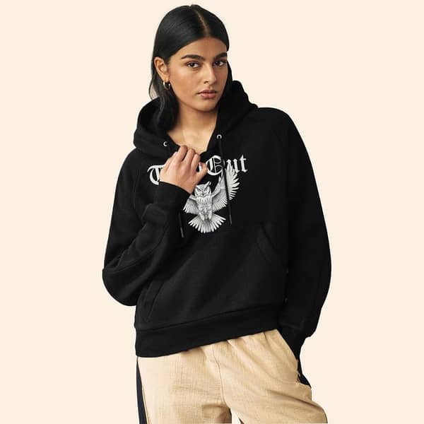 Women's Exclusive Printed Pull Over Fleece Hoodie - Black