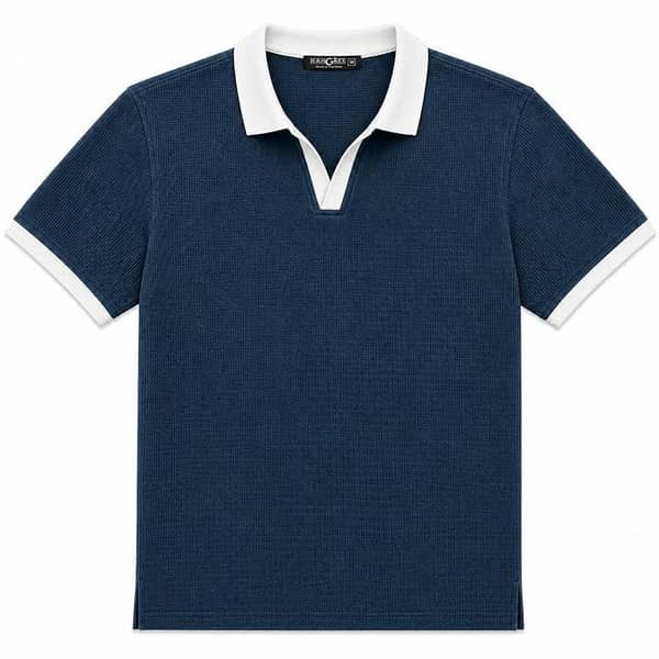 Men’s Classic Thermal Knit Contrast Collar Polo Shirt – Navy Blue