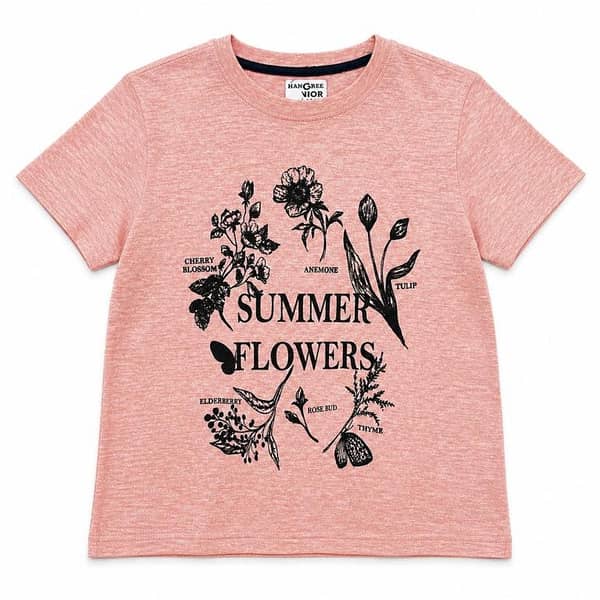 Girls’ Summer Flowers Graphic Printed T-Shirt – Peach