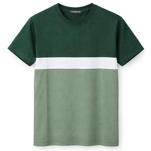 Men's Cut & Sew panel Tee Shirt - Dark Green, White & Green