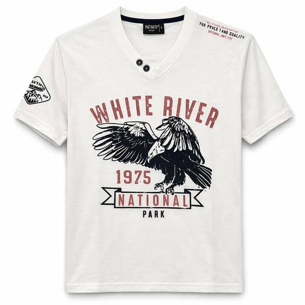 Men's Graphic Printed V Neck Tee Shirt - White