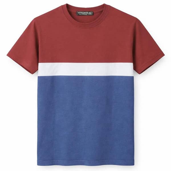 Men's Cut & Sew panel Tee Shirt - Red, White & Dusky Blue