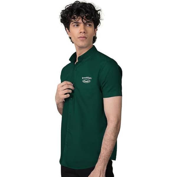 Classy "Brooklyn" Embroidered Soft Cotton Casual Shirt - Bottle Green