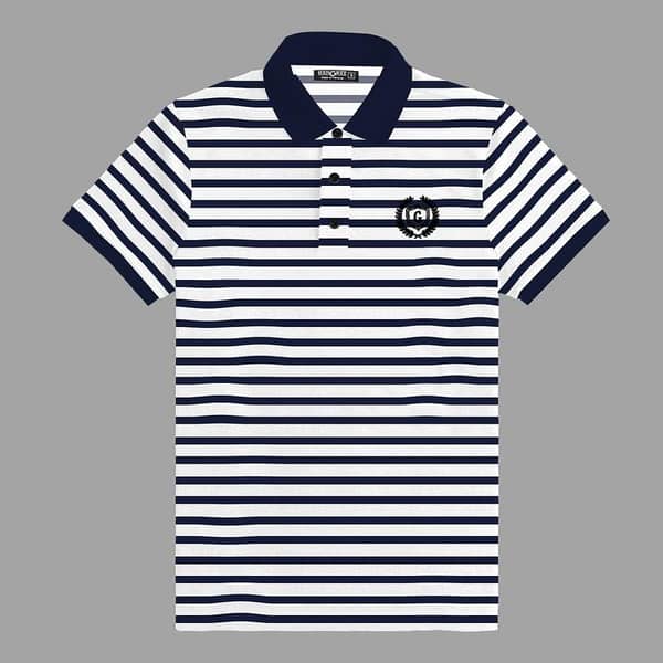 Hangree  Signature Emb Yarn Dyed Polo Shirt - White & Navy Stripes